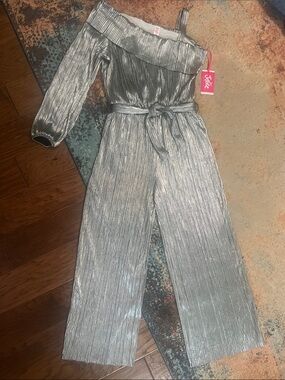 Justice NEW Girl’s Metallic Silver One-Shoulder Ruffle Jumpsuit